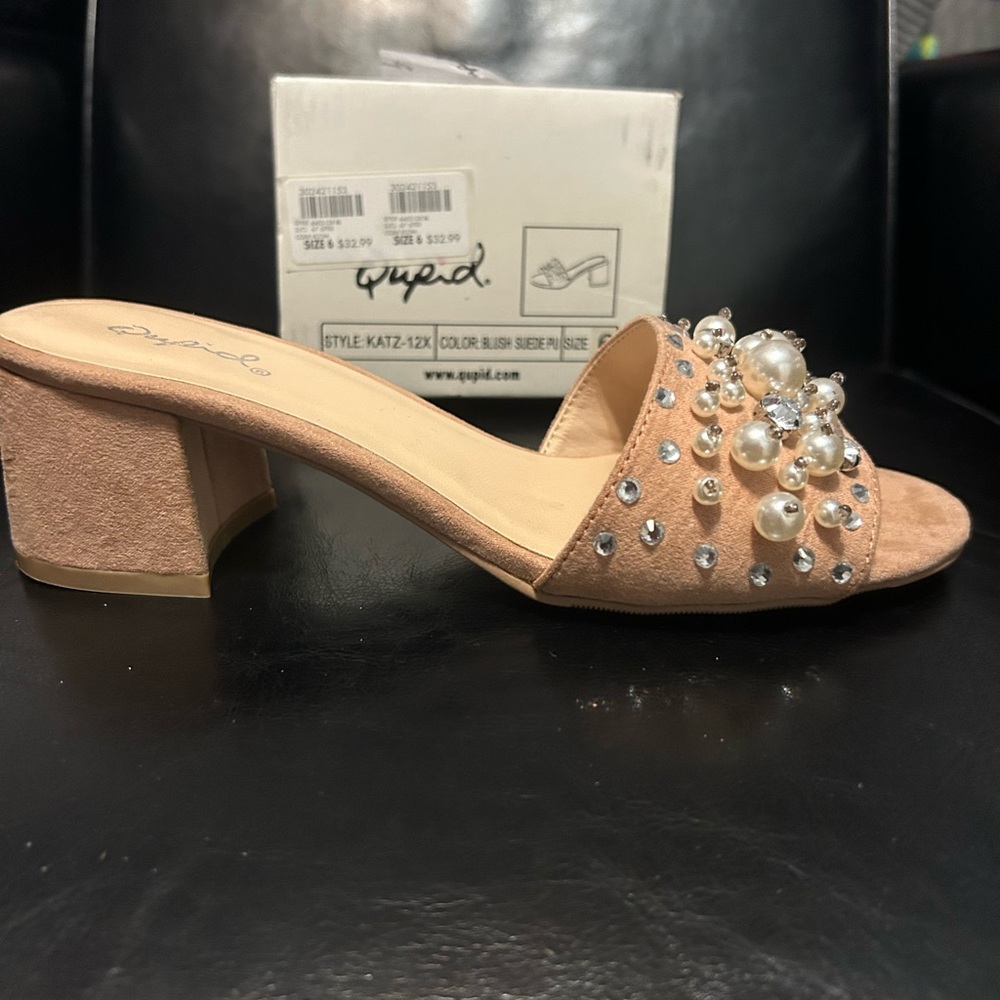 Qupid Pearl and Rhinestone Embellished Tan Mules